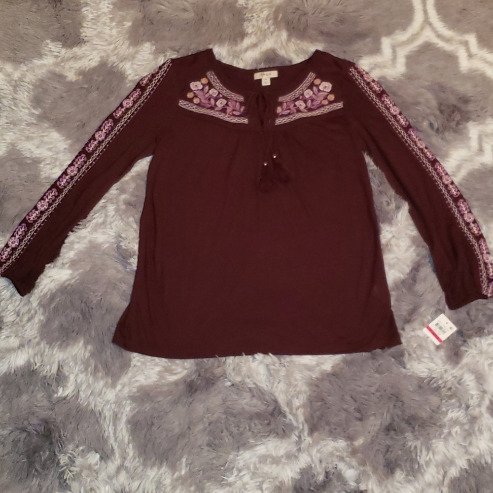 Burgundy Long Sleeve Floral Embroidered Shirt